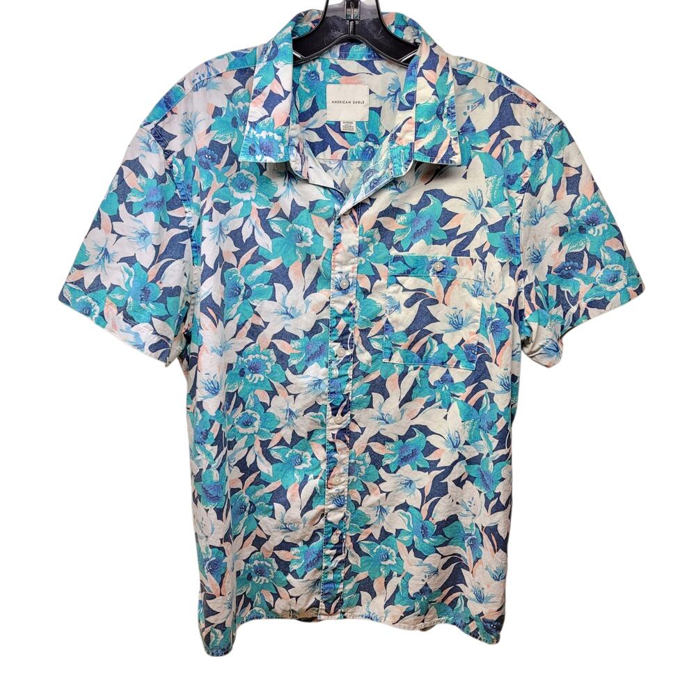 Men's American Eagle XL Floral Hawaiian Print Short Sleeve Button Down Shirt